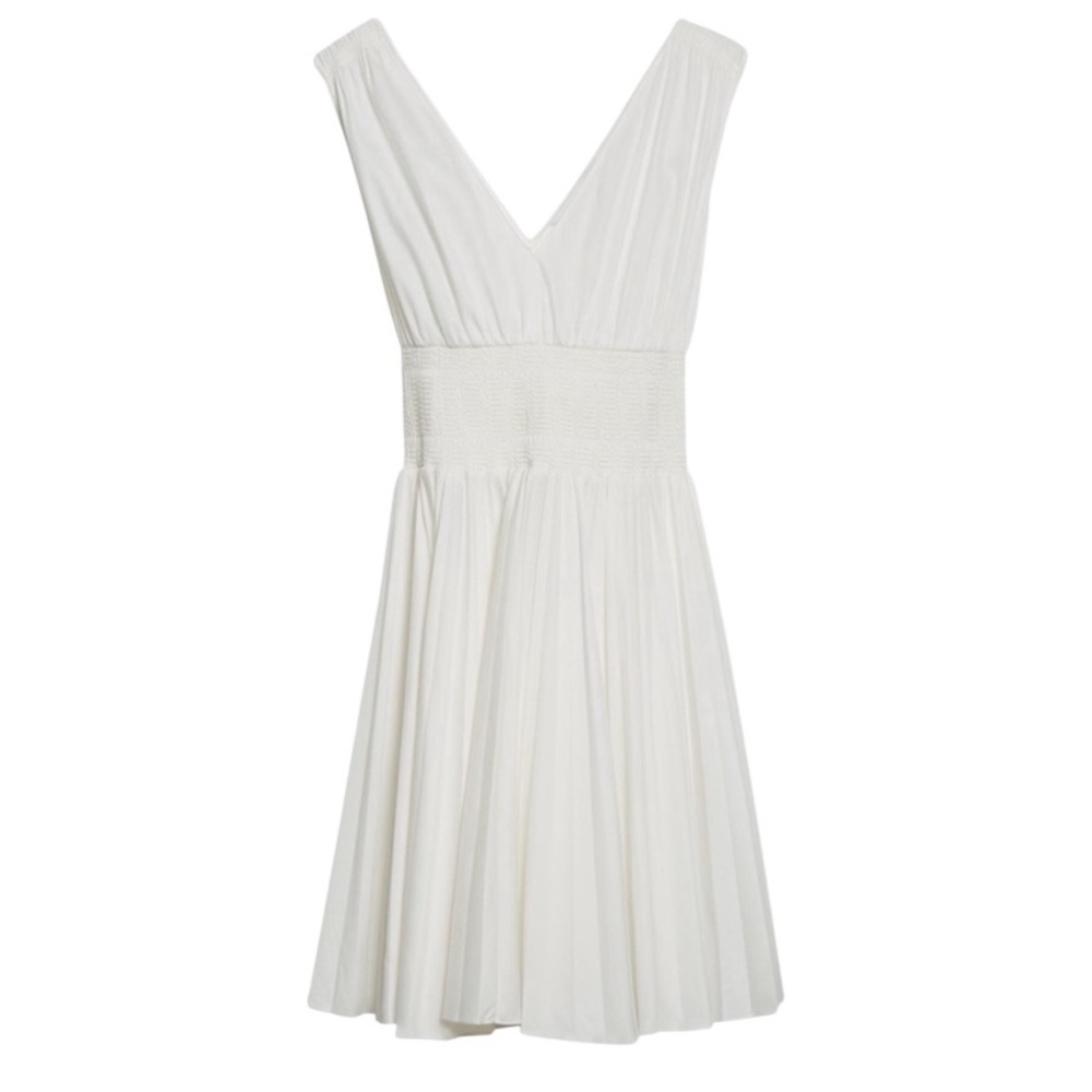 Rebecca Taylor Smocked V Neck Sleeveless Pleated White Cotton Dress Small NWT
